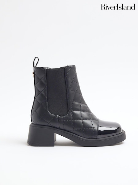 River Island Black Girls Faux Leather Quilt Heel Boots (AU5113) | €21