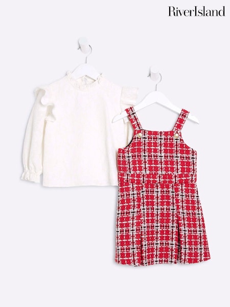 River Island Red Gilrs Boucle Lace Top and Pinny 100% Cotton Dress (AU5134) | €25