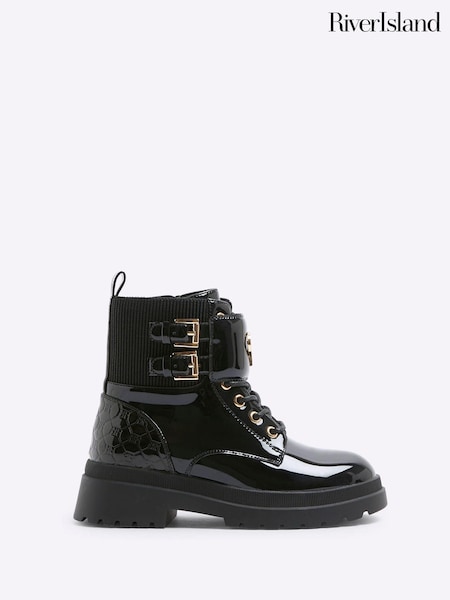 River Island Black Girls Patent Lace-Up Boots (AU5156) | €21