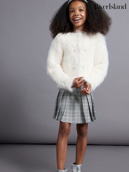 River Island Cream Girls Faux Fur Embellished 100% Cotton Cardigan (AU5171) | €40