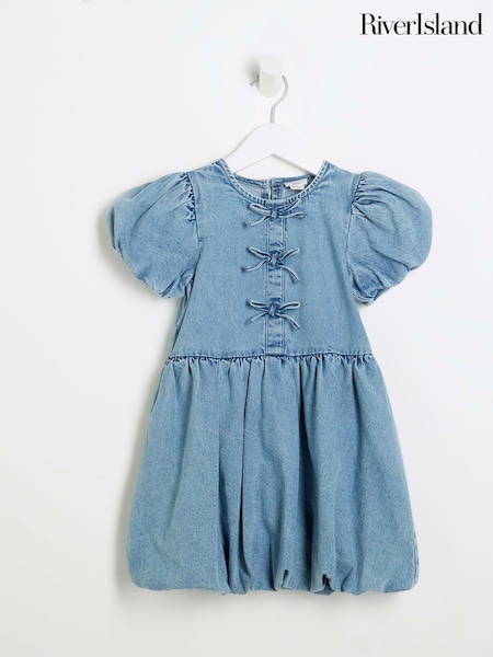 River Island Blue Girls Denim Bow Puff 100% Cotton Sleeve Dress (AU5172) | €34