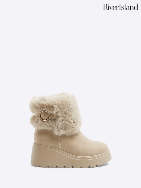 River Island Brown Girls Faux Leather Faux Fur Wedge Boots (AU5219) | €20