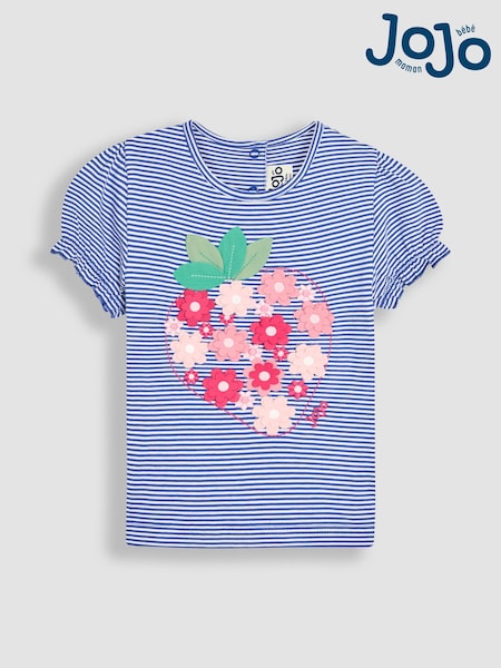 JoJo Maman Bébé Cornflower Blue Strawberry Applique Puff Sleeve T-Shirt (AU5324) | €26 - €30
