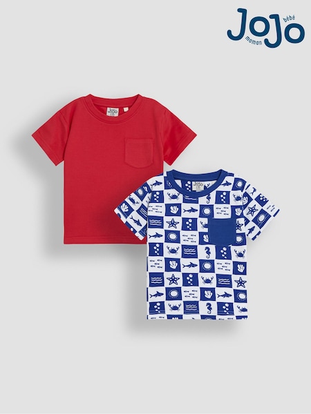 Playa con cuadros en azul - JoJo Maman Bébé 100% Cotton Printed & Plain T-Shirts 2 Pack (AU5335) | 28 € - 33 €