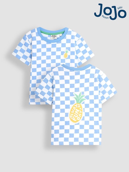 JoJo Maman Bébé Blue Pineapple Back Appliqué Checkerboard 100% Cotton T-Shirt (AU5340) | €26 - €30
