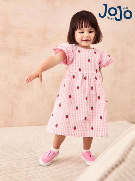 Vaaleanpunainen Mansikka Brodeerattu Gingham - Jojo Maman Bébé Double Frill Shoulder Mekko (AU5342) | €42 - €47