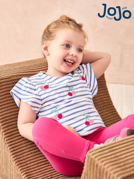 JoJo Maman Bébé Blue Cherry Embroidered Frill Sleeve T-Shirt (AU5343) | 961 UAH - 1,142 UAH