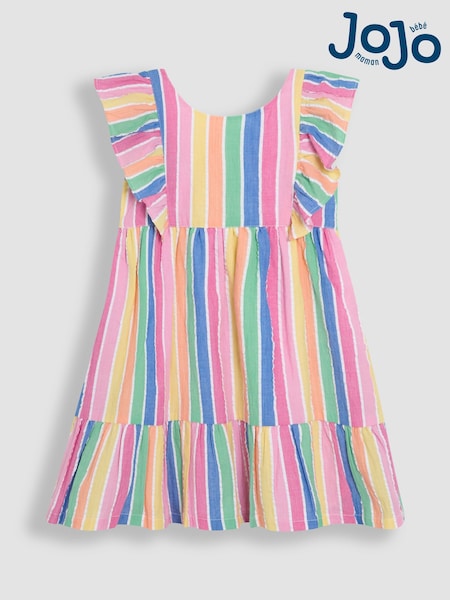 JoJo Maman Bébé Rainbow Stripe Frill Back Summer 100% Cotton Dress (AU5353) | €40 - €45
