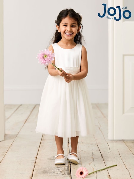 JoJo Maman Bébé Cream Girl Satin Flower Dress With Satin Sash (AU5364) | €85 - €94