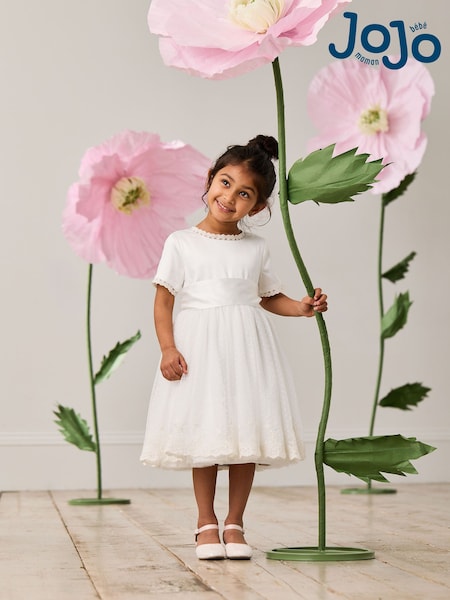 JoJo Maman Bébé Cream Embroidered Lace Flower Girl Dress With Satin Sash (AU5370) | €85 - €94