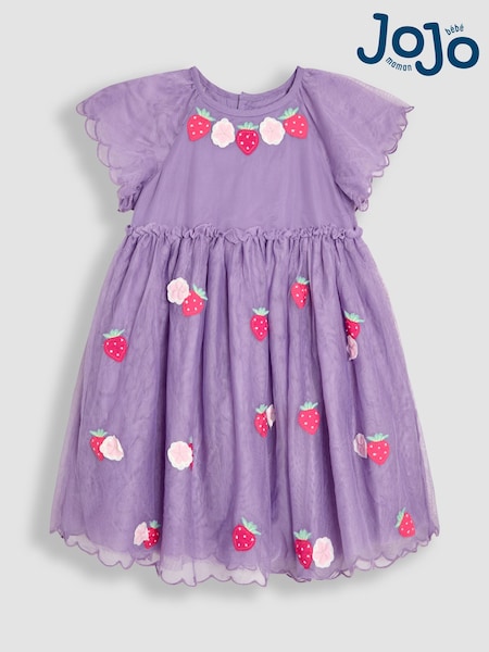 JoJo Maman Bébé Lilac Purple Strawberry Angel Sleeve Appliqué Tulle Party Dress (AU5371) | $65 - $75