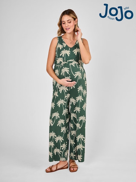 JoJo Maman Bébé Khaki Maternity Palm Print Wide Leg Jersey Jumpsuit (AU5386) | €63