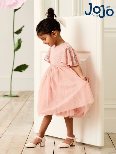 JoJo Maman Bébé Pink Embroidered Lace Scallop Sleeve Flower Print Girl Dress (AU5388) | €69 - €78