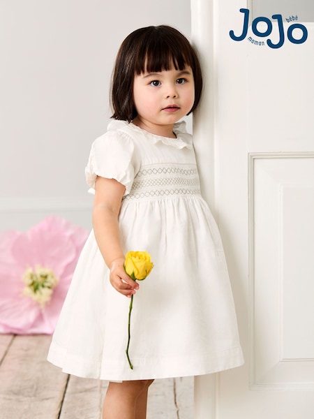 JoJo Maman Bébé Cream Smocked Puff Sleeve Cotton Satin Flower Girl Dress (AU5394) | 233 QAR - 262 QAR