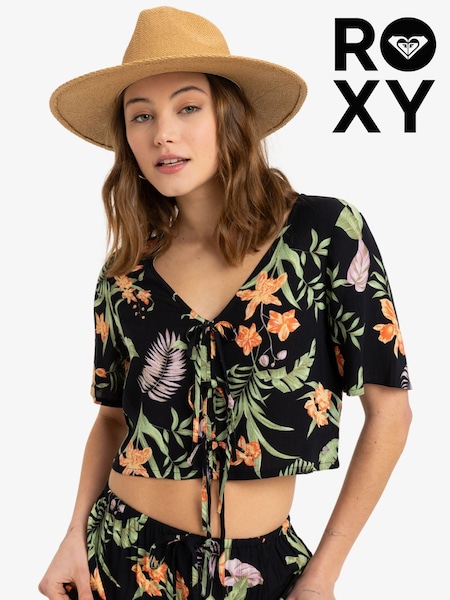Roxy Black Tropical Print Pink Sunset Tie Blouse (AU5428) | ₪251