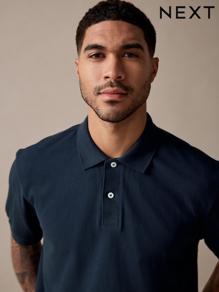 Navy Textured Waffle Button Through 100% Cotton Polo Shirt (AU5448) | €21