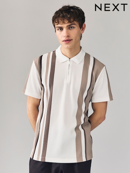 Neutral/White Vertical Stripe Quarter Zip Polo Shirt (AU5501) | 158 QAR