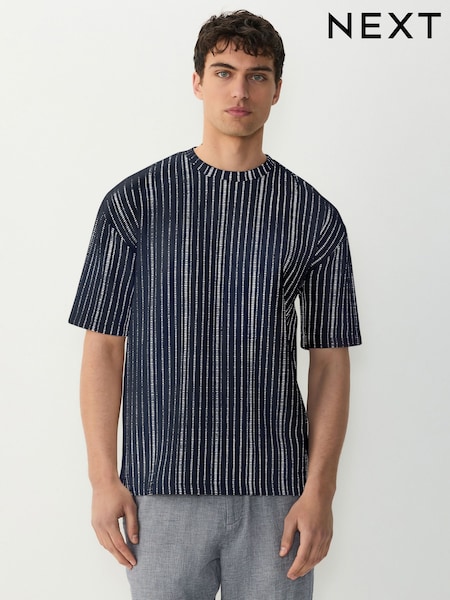 Navy Blue Textured Vertical Stripe T-Shirt (AU5513) | AED105