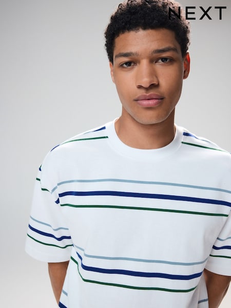 White Relaxed Fit Stripe Heavyweight 100% Cotton T-Shirt (AU5518) | € 30