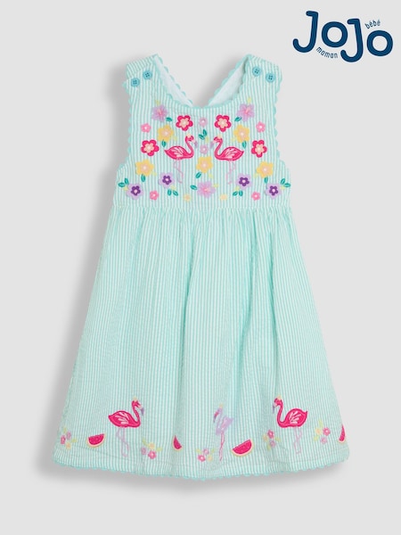 JoJo Maman Bébé Mint Green Flamingo Appliqué Seersucker Cross Back Dress (AU5534) | $55 - $62