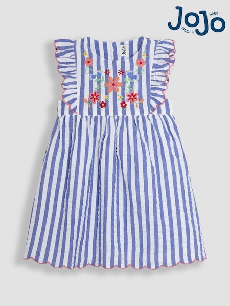 JoJo Maman Bébé Blue Floral Embroidered Appliqué Seersucker Summer Dress (AU5538) | kr371 - kr414