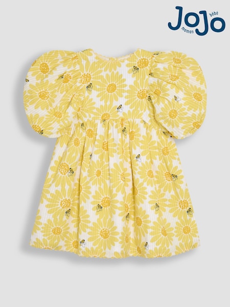 JoJo Maman Bébé Yellow Sunflower Print Seersucker Puff Sleeve Dress (AU5539) | €40 - €45