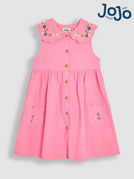 JoJo Maman Bébé Pink Embroidered Scallop Collar Button Through Dress (AU5540) | 120 QAR - 136 QAR