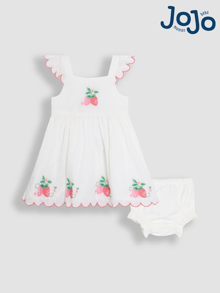 JoJo Maman Bébé Pink Baby Strawberry Embroidered Scallop Sleeve 100% Cotton Dress (AU5543) | 139 QAR - 144 QAR