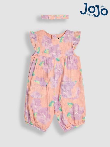 JoJo Maman Bébé Coral Pink Tropical Floral Pretty Ruffle Shoulder Sunsuit with Headband (AU5546) | €33 - €34
