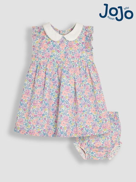 JoJo Maman Bébé Coral Pink Baby Tropical Floral Print Frill Shoulder 100% Cotton Dress (AU5549) | 129 QAR - 134 QAR
