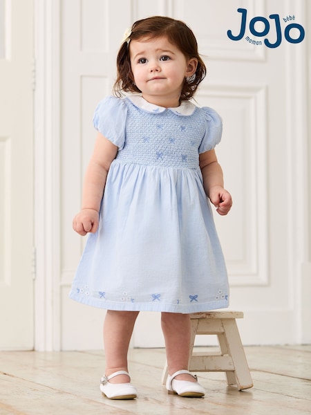 JoJo Maman Bébé Blue Bud Floral Embroidered Smocked Party Dress (AU5552) | AED227 - AED262