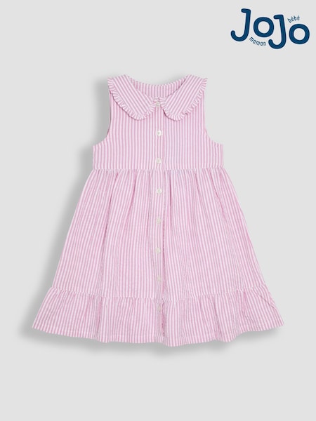 Vaaleanpunainen Seersucker Raita - Jojo Maman Bébé Collar Napitettava Mekko (AU5553) | €31 - €36