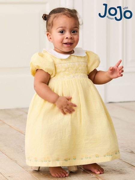 JoJo Maman Bébé Yellow Bud Floral Embroidered Smocked Party Dress (AU5568) | 193 QAR - 223 QAR