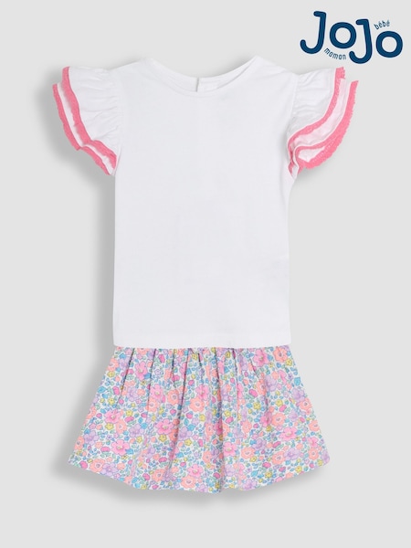 Koralle-Pink, geblümt - JoJo Maman Bébé 2-Piece Double Frill Sleeve 100% Cotton T-Shirt & Skirt Set (AU5571) | 43 € - 48 €