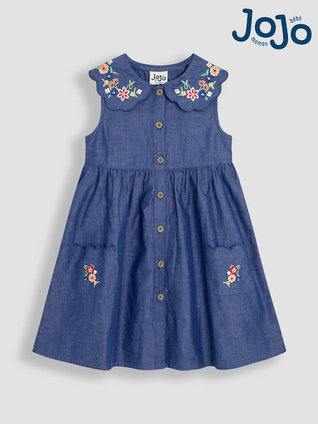 JoJo Maman Bébé Chambray Blue Embroidered Scallop Collar Button Through Dress (AU5574) | kr314 - kr357