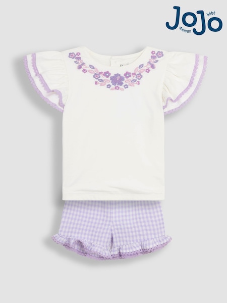 JoJo Maman Bébé Lilac Purple Gingham 2-Piece Embroidered Double Frill Sleeve T-Shirt & Shorts Set (AU5575) | kr428 - kr514