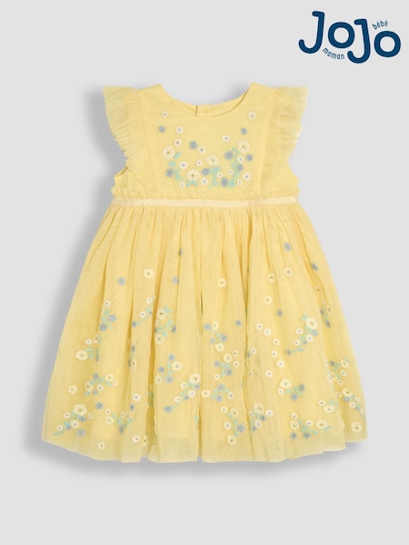 צהוב פרחוני - Jojo Maman Bébé Ruffle Front Embroidered Tulle Party Dress (AU5576) | ‏186‏₪ - ‏216‏ ₪