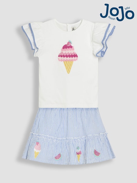 Blau/Eiscreme - JoJo Maman Bébé 2-Piece Double Frill Sleeve 100% Cotton T-Shirt & Skirt Set (AU5579) | 48 € - 57 €