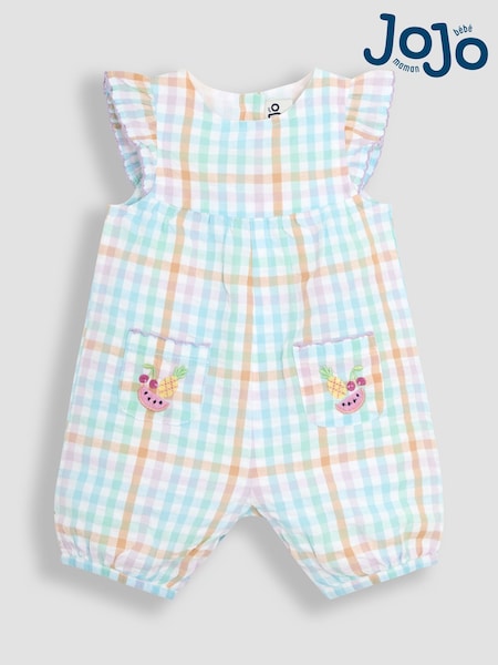 JoJo Maman Bébé Rainbow Gingham Fruit Embroidered Pockets Pretty Ruffle Shoulder Sunsuit (AU5580) | €35 - €37