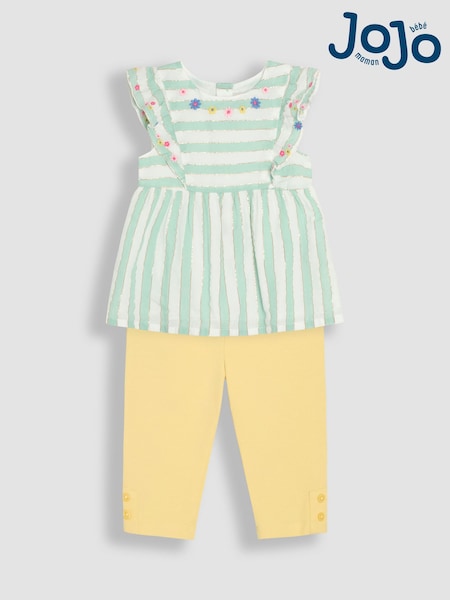JoJo Maman Bébé Aqua Green Floral Print Frill Sleeve Blouse & Leggings Set 2 Piece (AU5582) | AED163 - AED181