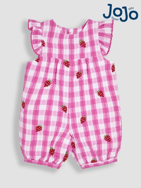 JoJo Maman Bébé Pink Strawberry Gingham Pretty Ruffle Shoulder Embroidered Sunsuit (AU5583) | kr328 - kr343