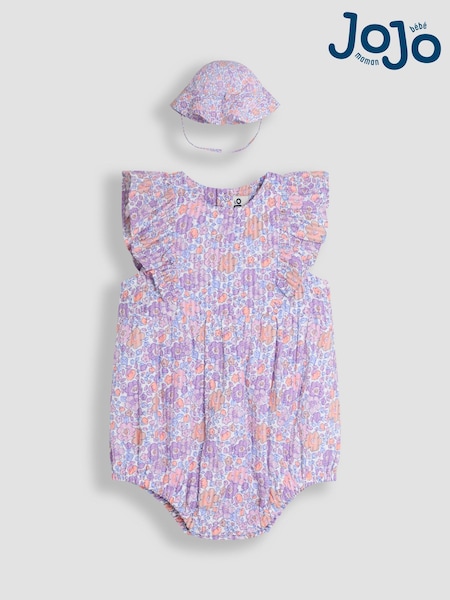 JoJo Maman Bébé Lilac Tropical Floral 2-Piece Frill-front Romper & Hat Set (AU5585) | €48 - €49