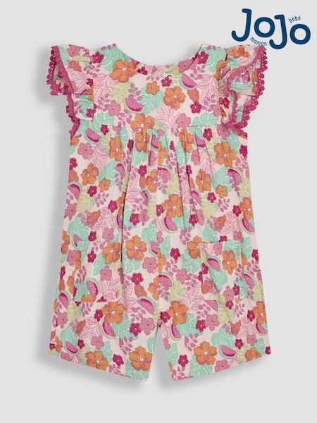 وردي بطبعة زهور الغابة - JoJo Maman Bébé Frill Sleeve 100% Cotton Playsuit (AU5590) | ‏128 د.إ.‏ - ‏ 146‏ د.إ.