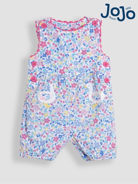 JoJo Maman Bébé Blue Ditsy Floral Duck Appliqué Pocket 100% Cotton Dungarees (AU5592) | €38 - €40