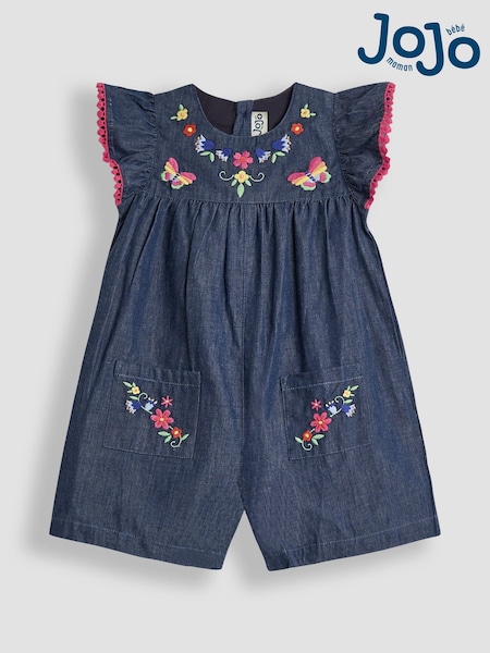 Chambray Albastru Floral brodate - JoJo Maman Bébé Frill Sleeve 100% Cotton Playsuit (AU5597) | 179 LEI - 201 LEI