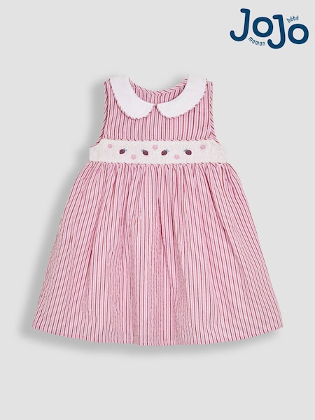 JoJo Maman Bébé Pink Ladybird Seersucker Stripe Smocked Dress (AU5599) | €48 - €57