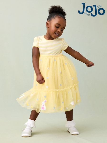 JoJo Maman Bébé Yellow Duck & Bunny Appliqué Hem Tulle Party Dress (AU5604) | €54 - €64