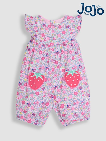 JoJo Maman Bébé Pink Strawberry Applique Pockets Pretty Ruffle Shoulder Embroidered Sunsuit (AU5607) | €37 - €38