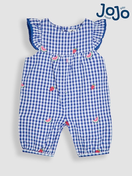 JoJo Maman Bébé Blue Strawberry Gingham Pretty Ruffle Shoulder Embroidered Sunsuit (AU5609) | kr328 - kr343