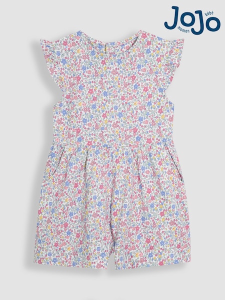 JoJo Maman Bébé Pink Cherry Ditsy Floral Print Ruffle Shoulder 100% Cotton Playsuit (AU5610) | €34 - €38